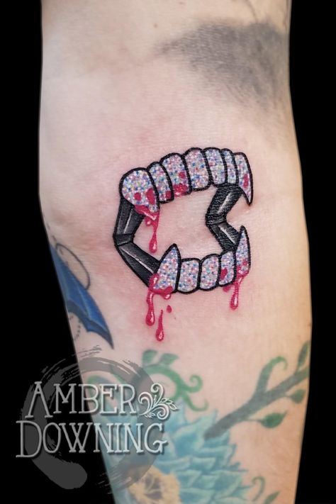 Glitter halloween vampire teeth tattoo Vampire Teeth Tattoo, Teeth Tattoo, Tattoos Abstract, Candy Tattoo, Tattoos Japanese, Tattoos Watercolor, Vampire Tattoo, Tooth Tattoo, Abstract Tattoos