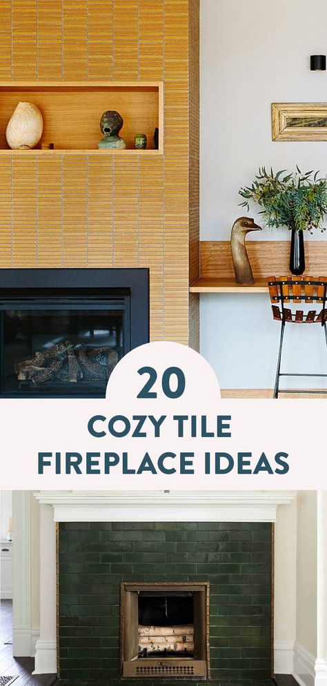 Glazed Brick Fireplace, Glazed Tile Fireplace, Tile For Hearth, Fireplace Makeover Tile Modern, Mid Century Modern Fireplace Tile, How To Tile A Fireplace, Corner Fireplace Tile Ideas, Mid Century Fireplace Ideas, Mcm Fireplace Makeover