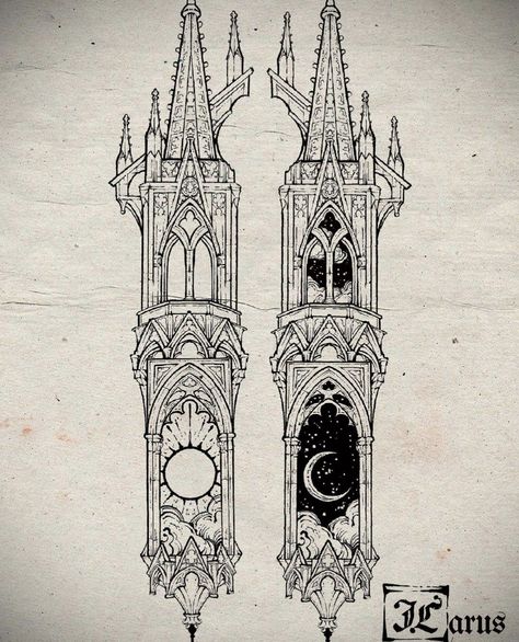 Cathedral Tattoo, Gothic Architecture Drawing, Icarus Tattoo, Etching Tattoo, Woodcut Tattoo, Wrist Tattoo Designs, Wrist Tattoo Ideas, Castle Tattoo, Medieval Tattoo