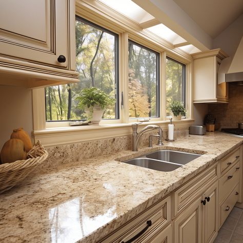 Most Popular granite colors for kitchen countertops Rustenburg Granite Kitchen, Cream Cabinets Brown Countertops, Kashmir Cream Granite Countertops, Millennium Cream Granite, White Knight Granite Countertops, White Paradise Granite Countertops, Cream Colored Granite Countertops, Busy Granite With Backsplash, Cream Colored Countertops