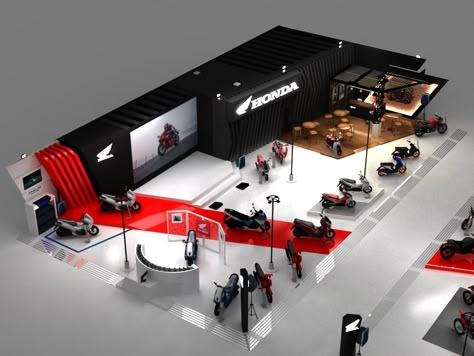 HONDA EXHIBITION IIMS 2019 on Behance Motorcycle Showroom Interior, Futuristic Garage, Bike Exhibition, Motorcycle Showroom Design, Car Garage Design, Car Showroom Interior, Expo Stand, Concert Stage Design, Product Design Graphic