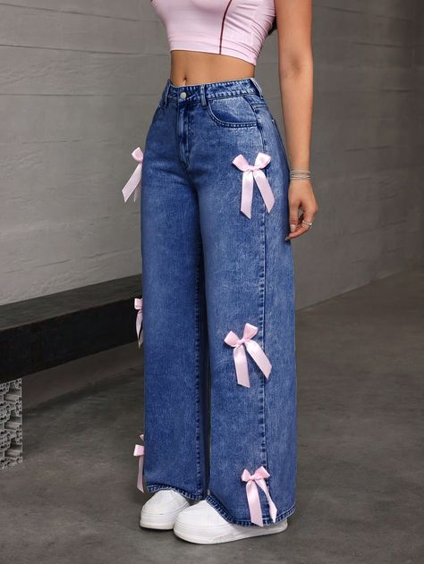 Women's Bow Accent Straight Leg Jeans Dark Wash Casual   Denim Plain Straight Leg Non-Stretch  Women Clothing, size features are:Bust: ,Length: ,Sleeve Length: Denim Casual Outfit For Women, Fun Jeans Diy, Jeans Creative Ideas, Girly Jeans Outfit, Bow Legs Outfit, Aesthetic Pants Jeans, Straight Outfits, Senior Pants Ideas, Denim Trousers Outfit