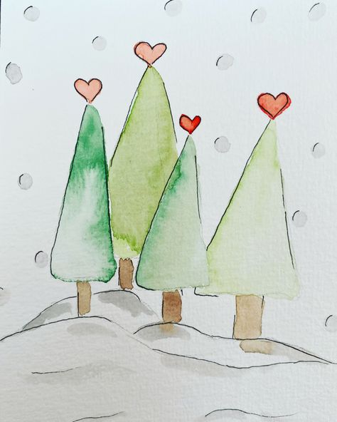 Water Colour Christmas Cards Ideas, Xmas Cards Kids, Christmas Card Watercolor Ideas, Christmas Drawing Ideas Creative, Christmas Card Drawing Ideas, Christmas Watercolor Paintings Easy, Ecoline Art, Christmas Card Artwork, Xmas Watercolor