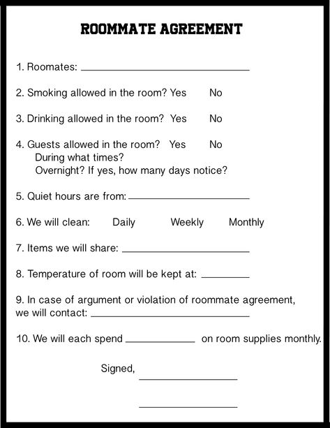 Avoid roommate conflict with this simple agreement || Find more fun + useful freebies on www.marinoncampus.com || college life, roommates, university, lease agreement, roommate agreement Things To Do With Roommates, Roommate Rules Apartments, House Rules For Roommates Apartments, Apartment Lists, Roommate Boundaries, Apartment Rules, Rules For Roommates, Dorm Rules, House Rules For Roommates