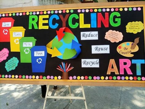 Recycling Bulletin Boards, Reduce Reuse Recycle Bulletin Board, Recycling Preschool, Recycling Poster, Earth Day Bulletin Board, Poster Board Ideas, Soft Board Decoration, Recycling Art, Science Classroom Decorations