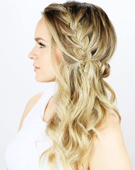 37 beautiful half up half down hairstyles for the modern bride - TANIA MARAS | bespoke wedding headpieces + wedding veils Hairstyle For Prom, Braided Half Updo, Wedding Hair Side, Side Braid Hairstyles, Goddess Braids Hairstyles, Braided Prom Hair, Long Hairstyle, Beach Wedding Hair, Prom Hairstyles For Long Hair