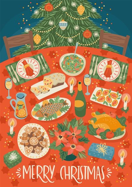 Happy New Year Illustration, Christmas Dinner Set, Table Vector, Christmas Graphic Design, Christmas Card Illustration, 달력 디자인, New Year Illustration, Illustration Noel, Vector Christmas