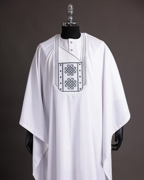 A white agbada, grey embroidery detailing, 3/4 sleeve buba & sokoto - Afrikrea Latest Agbada Styles Men, White Agbada Designs, Engagement Outfits For Men, Traditional Mens Wear, Latest Agbada Designs, Agbada Styles Men, Agbada Designs For Men, White Agbada, Wedding Suit Groomsmen