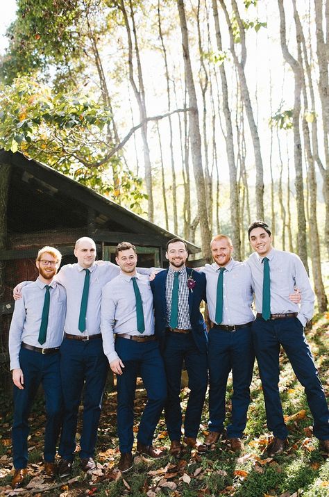 Teal and navy blue groom's party style | Image by Emily Chidester Photography Mountain Marriage, Teal Groomsmen, Groomsmen Attire Navy, Navy Blue Groom, North Carolina Mountain Wedding, Grooms Party, Groomsmen Outfits, Jewel Tone Wedding, Groom And Groomsmen Attire