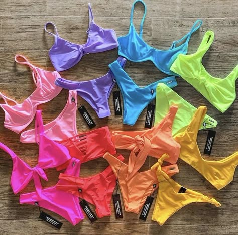 Rainbow Bathing Suit Bachelorette, Rainbow Bathing Suit, Neon Swimsuit Bachelorette Party, Neon Bathing Suits Bachelorette, 80s In Aspen, Neon Bathing Suits, Beach Branding, Rainbow Swimsuit, Neon Swimsuit