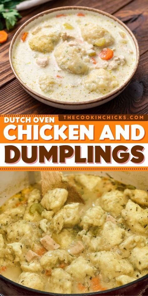 DUTCH OVEN CHICKEN AND DUMPLINGSHere's a comfort food idea that's easy to whip up! This family soup recipe lets you have a simple hearty dinner in the Dutch Oven. Creamy and incredibly delicious, this homemade chicken and dumplings is sure to be a hit! Dutch Oven Chicken And Dumplings, Oven Chicken And Dumplings, Chicken And Dumplings From Scratch, Dumplings From Scratch, Savory Soup Recipes, Chicken Dumpling, Dutch Oven Chicken, Grilled Cheese Croutons, Chicken And Dumplings Recipe