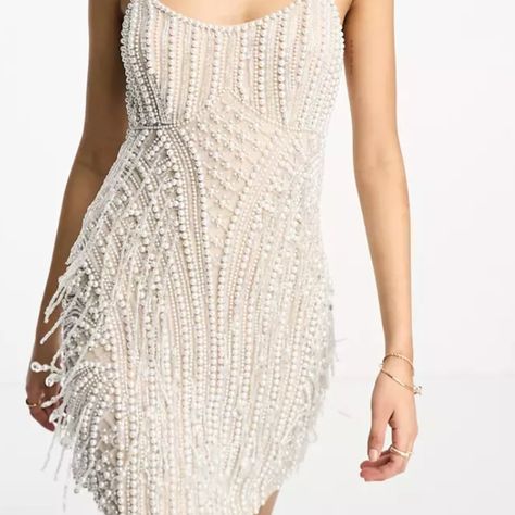 Never Worn Asos Design Embellished Pearl Cami Bust Detail Mini Dress In Cream Size 4 Beaded White Mini Dress, Short White Beaded Dress, Pearl Homecoming Dress, Reception Dress Lace, White Beaded Dress, Dress In, Cami Slip Dress, Tulle Mini Dress, Drape Maxi Dress