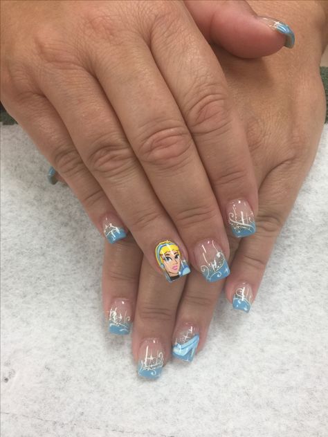 Cinderella French Tip Nails Short Cinderella Nails, Cinderella Nail Art, Blue French Tip Nails, Cinderella Nails, Blue French Tip, Cinderella Blue, Blue French Tips, Nails French Tip, Blue French