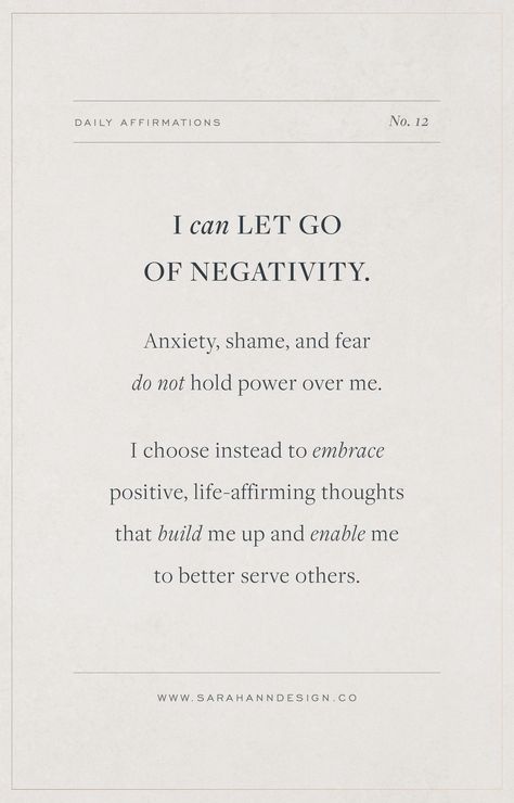 Daily Affirmations for Creatives // I can let go of negativity. Click to join our list and receive 100 Affirmations for the Creative Soul, delivered daily to your inbox. Negative Affirmations Thoughts, Let Go Of Negative Energy Quotes, I Let Go Of Affirmations, I Affirmations, I Can Affirmations, Letting Go Affirmations, Things To Let Go Of, Let Go Of Negative Energy, Creative Affirmations