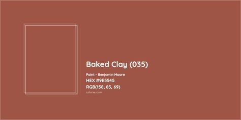 Benjamin Moore Baked Clay (035) Paint color codes, similar paints and colors Terracotta Color Benjamin Moore, Baked Terracotta Benjamin Moore, Baked Clay Paint Color, Terracotta Clay Color Recipe, Benjamin Moore Paint Colors Terra Cotta, Red Clay Paint Color, Terracotta Paint, Baking Conversions, Rgb Color Codes