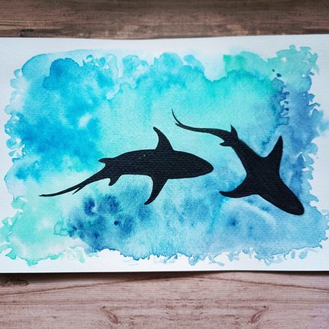 Selling Greeting Cards, Watercolor Painting Easy, Shark Painting, Biology Art, Jellyfish Art, Silhouette Painting, Kids Watercolor, Watercolor Bookmarks, Watercolour Inspiration