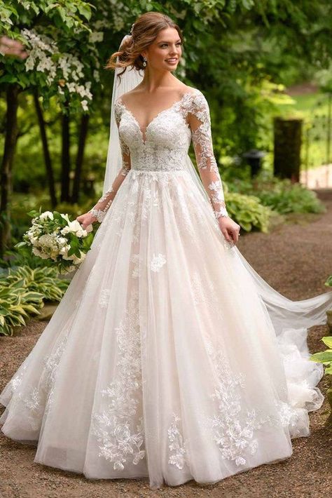 Long Sleeves Lace Ball gown Wedding Dress with Sequin Detail by Essense of Australia - D2939 | Classic style princess bridal gown with Mixed floral details, V-neckline with traditional look with a completely modern update and full tulle skirt for the sophisticated bride #weddingdress #weddingdresses #bridalgown #bridal #bridalgowns #weddinggown #bridetobe #weddings #bride #dreamdress #bridalcollection #bridaldress #dress See more gorgeous bridal gowns by clicking on the photo Wedding Dresses Lace Ballgown, The Princess Bride, Essense Of Australia, Lace Ball Gowns, Wedding Dress With Veil, Cute Wedding Dress, Australia Wedding, Dream Wedding Ideas Dresses, A Wedding Dress