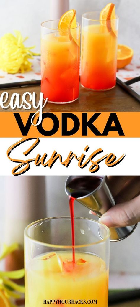 The vodka sunrise is a delicious vodka cocktail made with orange juice and grenadine that's perfect for brunch or for an after dinner drink. It's an easy summer cocktail that looks like a sunrise. You'll love this fruity drink! Orange Vodka Drinks, Fun Holiday Drinks, Vodka Orange, Vodka Sunrise, Orange Juice And Vodka, Cocktails To Make At Home, Sunrise Cocktail, Easy Summer Cocktails, Orange Vodka