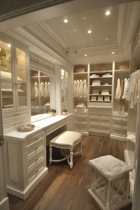 House Design Closet, Modern Farmhouse Closet, Closet Ideas With Vanity, Large Closet Ideas, Organized Walk In Closet, Closet Astethic, Master Walk In Closet Ideas, Aesthetic Walk In Closet, Vanity In Closet