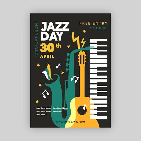 Free vector flat international jazz day ... | Free Vector #Freepik #freevector #jazz-festival #jazz-poster #jazz #jazz-music Music Festival Poster, Poster Music, Event Poster Design, Jazz Band, Jazz Festival, Party Poster, Festival Posters, Event Poster, Music Event