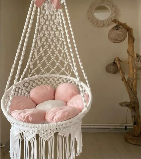 Hanging Swings In Room, Preppy Room Hanging Chair, Hanging Chair Pink, Swinging Chair Bedroom, Swings For Your Room, Floating Chair Bedroom, Pink Hanging Chair, Hanging Swing In Bedroom, Swinging Chair In Bedroom