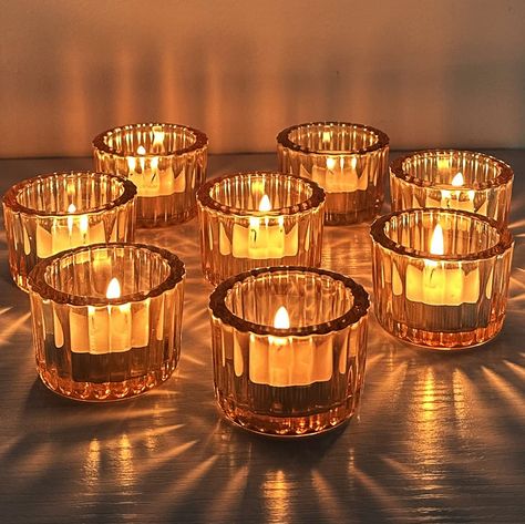 Tea Light Wedding Decor, Candle Alternatives Wedding, Cool Candle Holders, Fake Candle Decor, Amber Bottles And Candles Wedding Centerpieces, Wedding Tea Lights, Tea Light Candles Decorations, Tea Candles Wedding, Fake Tea Light Candles Wedding