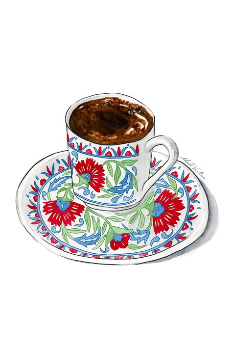 Food beverage illustration of coffee. Watercolor, pen and ink, armenian coffee, turkish coffee, arabic coffee, painting, illustration, illustrator, design, graphics, drink illustration, art, cute, design hand drawn, cookbook art, recipe art, art print, sketch, istanbul, coffee cup, artwork, coffee bean. Art for branding, publishing, editorial and advertising. #coffeeillustration #coffeepainting #arabiccoffee #armeniancoffee #turkishcoffee #coffeecup Food Art Painting Illustration, Arab Illustration Art, Arabic Coffee Illustration, Istanbul Art Paintings, Arabic Food Illustration, Turkish Food Illustration, Turkish Art Paintings, Coffee Illustration Graphics, Cup Illustration Design