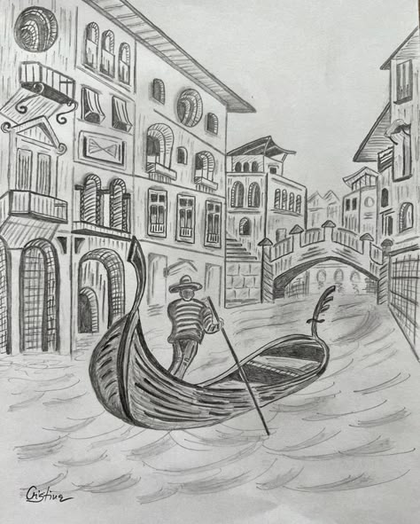 Drawing pencil sketch Italy Pencil Drawing, Venice Sketch Drawings, Italy Drawing Sketch, Drawings Of Italy, Gondola Drawing, Italy Drawing Easy, Venice Italy Drawing, Pencil Shading Scenery, Venice Sketch