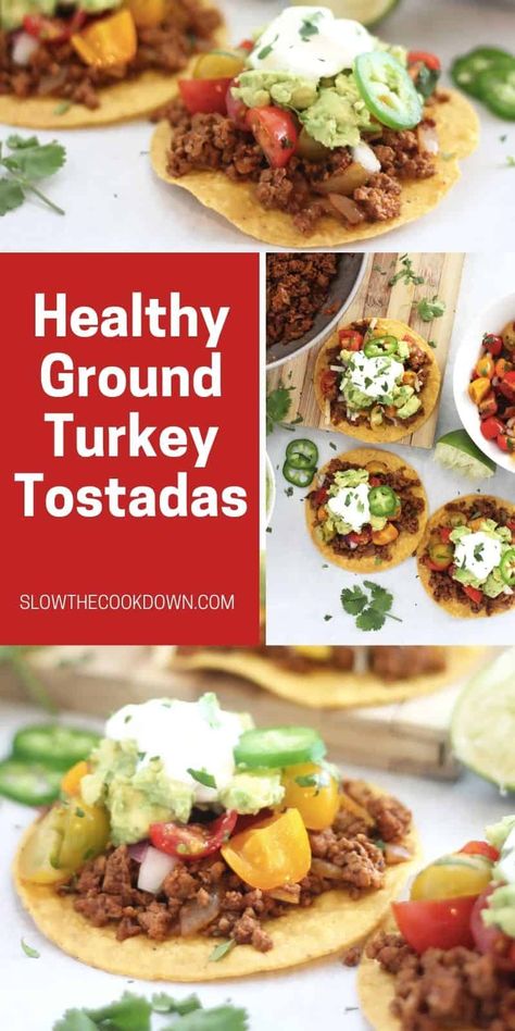 Time to get your tastebuds tingling with these delicious ground turkey tostadas. Super simple and quick to make, these are one tasty alternative to tacos for Mexican night. Topped with a homemade tomato salsa and guacamole, they are fun to make and eat! Ground Turkey Tostadas Recipe, Beef Tostadas Ground, Healthy Taco Recipes Ground Turkey, Ground Turkey And Corn Tortilla Recipes, Ground Turkey Tostadas, Healthy Tostadas Clean Eating, Turkey Tostadas, Salsa And Guacamole, Crispy Taco Shells