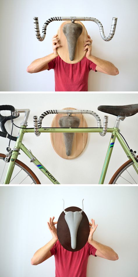 Upcycled cabeza de toro (bull head) wall trophy. A clever idea by Andreas Scheiger of Austria. Bike Storage Apartment, Diy Bike Rack, Indoor Bike Storage, Bicycle Hanger, Apartments Interior, Bike Rack Wall, Bike Storage Solutions, Bike Hooks, Bike Hanger