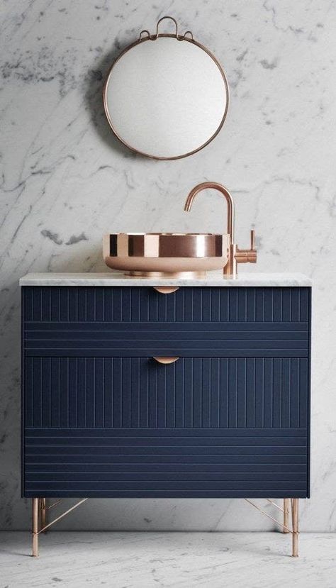 This rose gold sink and faucet atop a navy blue stand that is so flawless, it kind of makes me want to cry. Wc Decoration, Small Powder Room Ideas, Small Powder Room, Powder Room Ideas, Small Remodel, Vinyl Decor, Room Blue, Room Tiles, Design Blogs