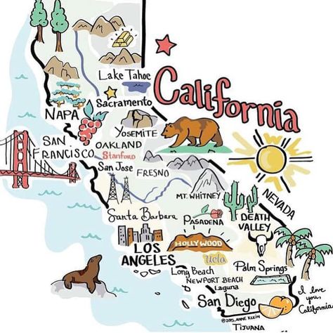 CALIFORNIA Maps Aesthetic, Map Drawing, State Of California, Miss California, Yosemite California, Los Angeles Beaches, Lake Tahoe California, Pictorial Maps, San Diego Beach