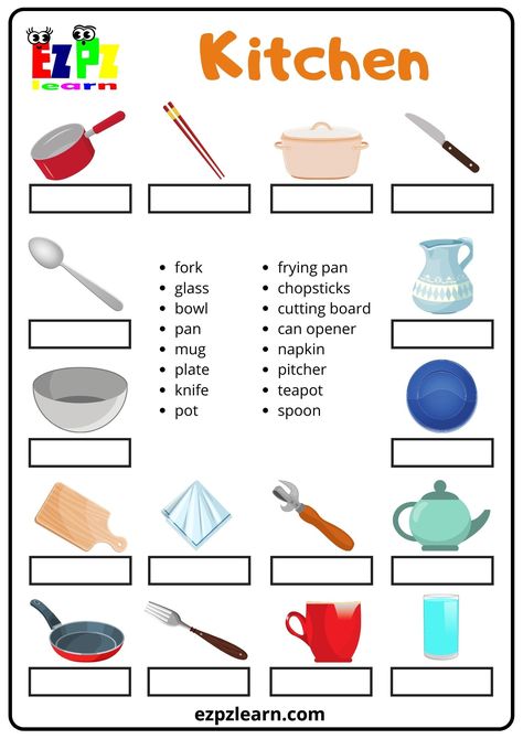 Basic English For Kids, English Primary School, Ingles Kids, Esl Teaching Resources, Classroom Anchor Charts, Kitchen Words, English Activities For Kids, Free Preschool Worksheets, Kids Worksheets Printables