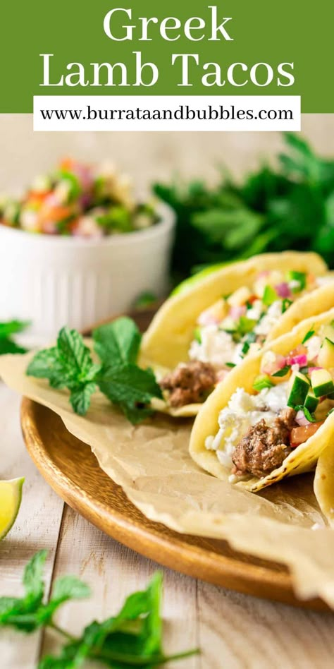 For a unique spin on taco night, you'll love these Greek lamb tacos with a fresh cucumber pico de gallo. Bursting with Mediterranean-inspired flavors in every bite, these tacos come together in just 30 minutes, making for one easy meal when entertaining. Lamb Tacos Recipes, Lamb Tacos, Fusion Tacos, Taco Ideas, Lamb Taco, Greek Lamb, 2024 Recipes, Street Tacos, Ground Lamb