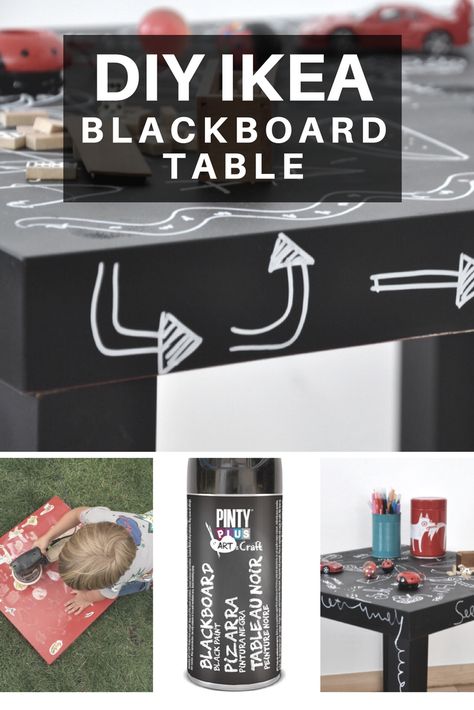 DIY Ikea blackboard table for children's room using Pinty Plus spray chalk paint Ikea Lack Tv Stand Hack Kids, Dundra Activity Table Hack, Chalkboard Table Kids, Mammut Ikea Hack Kid Table, Chalk Table, Playtable Kids Ikea, Spray Chalk, Blackboard Paint, Lack Table