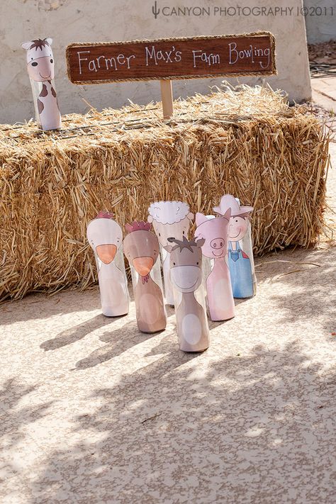 Barnyard Games For Kids Farm Theme, Farm Animal Bowling Game, Farm Games For Birthday Party, Farm Animal Party Games, Horse Party Activities, Farm Themed Birthday Party Games, Farm Birthday Party Games, Farm Party Games, Country Western Party