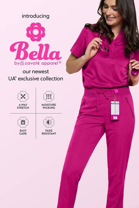 Female medical professional wearing the UA Exclusive Bella by Zavate Grace Women's 1-Pocket STRETCH Mandarin Collar Scrub Top and Ivy Women's 5-Pocket STRETCH Drawstring Scrub Pants Bloom With Grace, Pink Scrubs, Uniform Advantage, Desain Editorial, Scrubs Uniform, Medical Outfit, Professional Wardrobe, Medical Uniforms, Fabric Shop