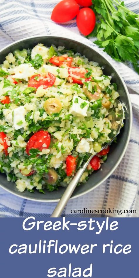 This Greek-style cauliflower rice salad is low on carbs and high on taste - full of Mediterranean flavors and so easy to make. It also packs well so is perfect for a picnic, potluck or lunchbox. #salad #lowcarb #cauliflowerrice #glutenfree Lunchbox Salad, Cauliflower Rice Salad, Veg Diet, Beautiful Salads, Grain Salads, Picnic Potluck, Cold Salads, Mediterranean Flavors, Cauliflower Risotto