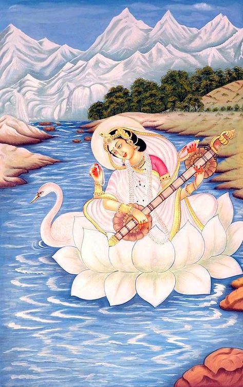 Goddess Saraswati Painting Saraswati Painting, Goddess Saraswati, Saraswati Devi, Lotus Painting, Saraswati Goddess, Hindu Goddess, Indian Goddess, Hindu Mythology, Indian Art Paintings