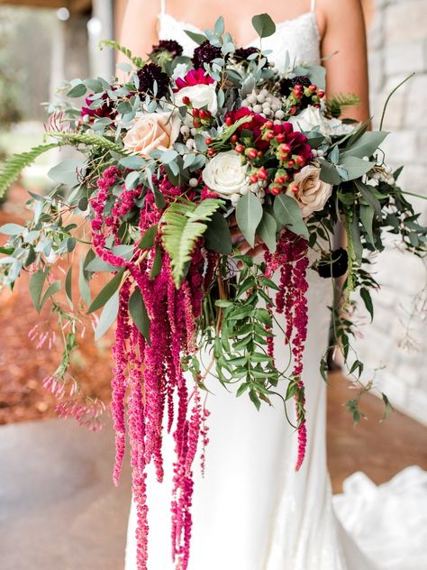 Maximalist Wedding Bouquet, Amaranthus Wedding Bouquet, Amaranthus Wedding, Dramatic Bouquet, Dahlia Arrangements, Egg Bouquet, Waterfall Bouquet, Flower Waterfall, Floral Recipes