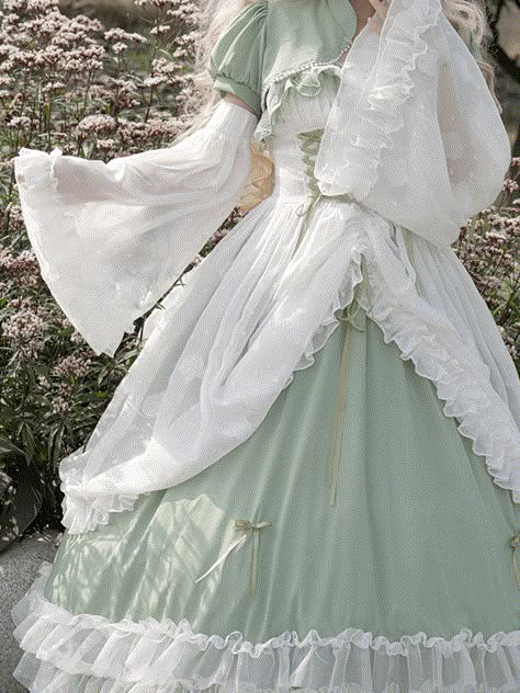 Spring Sweet Basil White Long Bell Sleeves Bell Sleeves Aesthetic, White Flowy Outfit, White Long Sleeve Victorian Dress For Spring, Sage Green Clothes, White Flowy Bell Sleeve Dress, Sage Green Outfits, White Victorian Dress With Long Sleeves, Medieval Bell Sleeve Dress, Majestic Dress