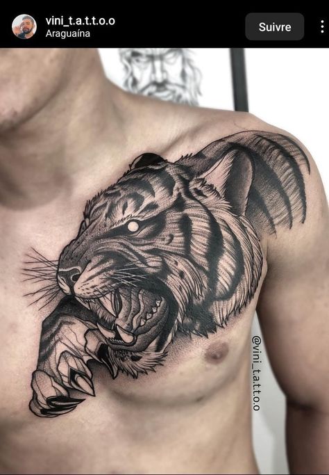 Tiger Tattoo Chest, Black And Grey Tiger Tattoo, Chest Tattoos For Men, Full Chest Tattoos, Tiger Tattoo Sleeve, Big Cat Tattoo, Tattoo Chest, Lion Head Tattoos, Tiger Tattoo Design