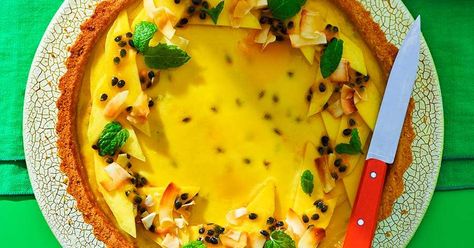 Mango & passion fruit curd sunshine tart Passionfruit Tart, Fruit Curd, Mango Passionfruit, Passion Fruit Curd, Spring Recipes Dinner, Best Food Processor, Best Protein Powder, Dinner Party Recipes, Best Slow Cooker