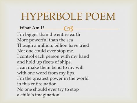 Hyperbole Poem, Figurative Language Poems, Hyperbole Examples, Simile Poems, Poem Writing Prompts, English Literature Notes, Writing Prompts Poetry, Rhyming Poems, Poetry Ideas