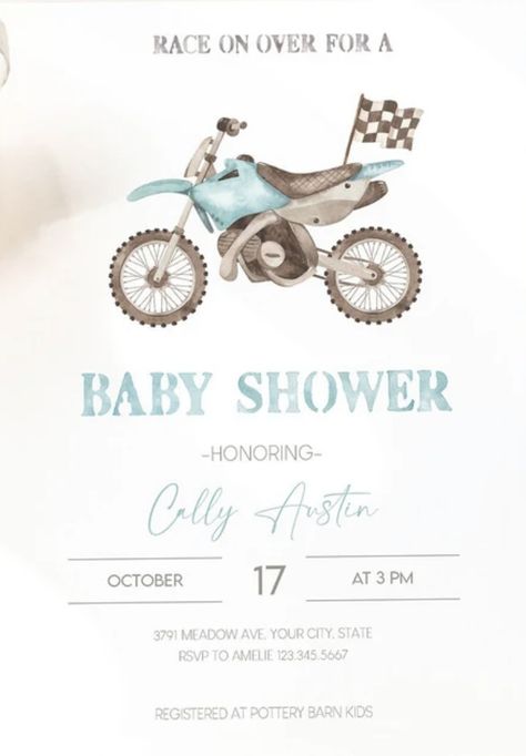 Motorcycle Themed Baby Shower Ideas, Dirtbike Baby Shower Theme, Motocross Baby Shower Ideas, Dirt Bike Baby Shower Ideas, Motorcycle Baby Shower Ideas, Baby Shower Motorcycle, Blue Baby Shower Decorations, Motocross Baby, Bike Birthday