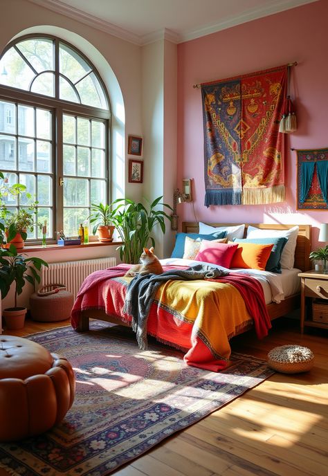 Boho Bedroom For Teens Colorful Bohemian Bedroom Decor, Colorful Bohemian Bedroom, Room Ideas Indie, Bedroom For Teens, Teen Bedroom Inspiration, Boho Room Inspiration, Bedroom Ideas For Teens, Boho Teen Bedroom, Textured Rugs