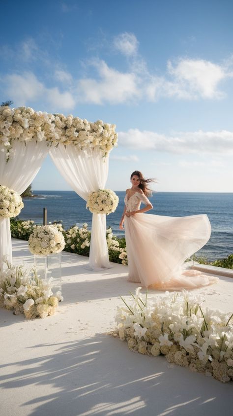 Dreaming of a breezy, romantic seaside wedding? 🌊✨ This Coastal White Wedding setup is the perfect blend of elegance and natural beauty, featuring flowing drapery, lush white florals, and an oceanfront ceremony. Perfect for couples who want to exchange vows with the sound of waves and a golden sunset as their backdrop. 💕

📌 Save this pin for your wedding inspiration and visit SweetPeasAndTeas.com for more breathtaking all-white wedding themes! #CoastalWedding #BeachBride #WhiteWedding #OceanfrontCeremony #WeddingInspo Ethereal Garden, Wedding Setup, Coastal White, Sound Of Waves, Satin Gowns, Vintage Hollywood Glamour, White Wedding Theme, The Sound Of Waves, All White Wedding