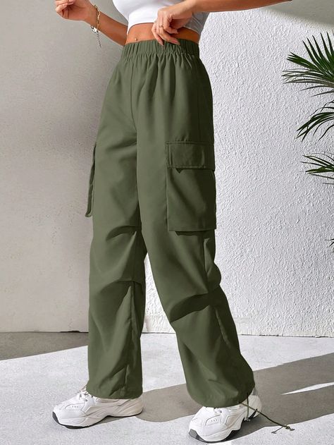 Olive Green Casual Collar  Woven Fabric Plain Parachute Embellished Non-Stretch  Women Clothing Olive Green Casual Outfits, Sage Green Fashion, Olive Green Cargo Pants Outfit, Cargo Dress Pants, Cargo Dress, Minimalist Wardrobe Capsule, Olive Green Cargo Pants, Olive Clothing, Outfits Con Jeans