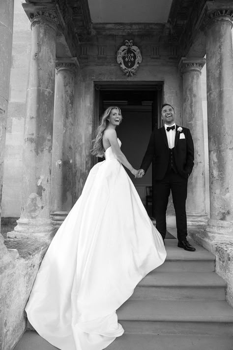 Frankie in Suzanne Neville Elegance strapless wedding dress with train and pockets for her wedding at Elmore Court. From Miss Bush bridal boutique in Surrey, close to London. Image © Anna Fowler Photography. #suzanneneville #missbush #weddingdress #bridal #bride #fashion #strapless #train #pockets #ballgown #beautiful Pockets Wedding Dress, Satin Dress With Train, Very Long Train Wedding Dress, Satin Wedding Dress With Long Train, Timeless Wedding Dress Long Train, Strapless Long Train Wedding Dress, Wedding Dresses Long Train Ball Gown, Pocket Wedding Dress, Strapless Wedding Dress Long Train