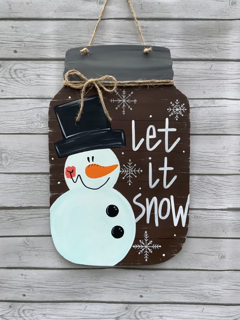 Mason Jar Wooden Door Hanger, Jar Door Hangers, Mason Jar Hanger, Snowman Mason Jar, Mason Jar Door Hanger, Snowmen Crafts, Mason Jar Sign, Town Design, Dollar Store Christmas Crafts